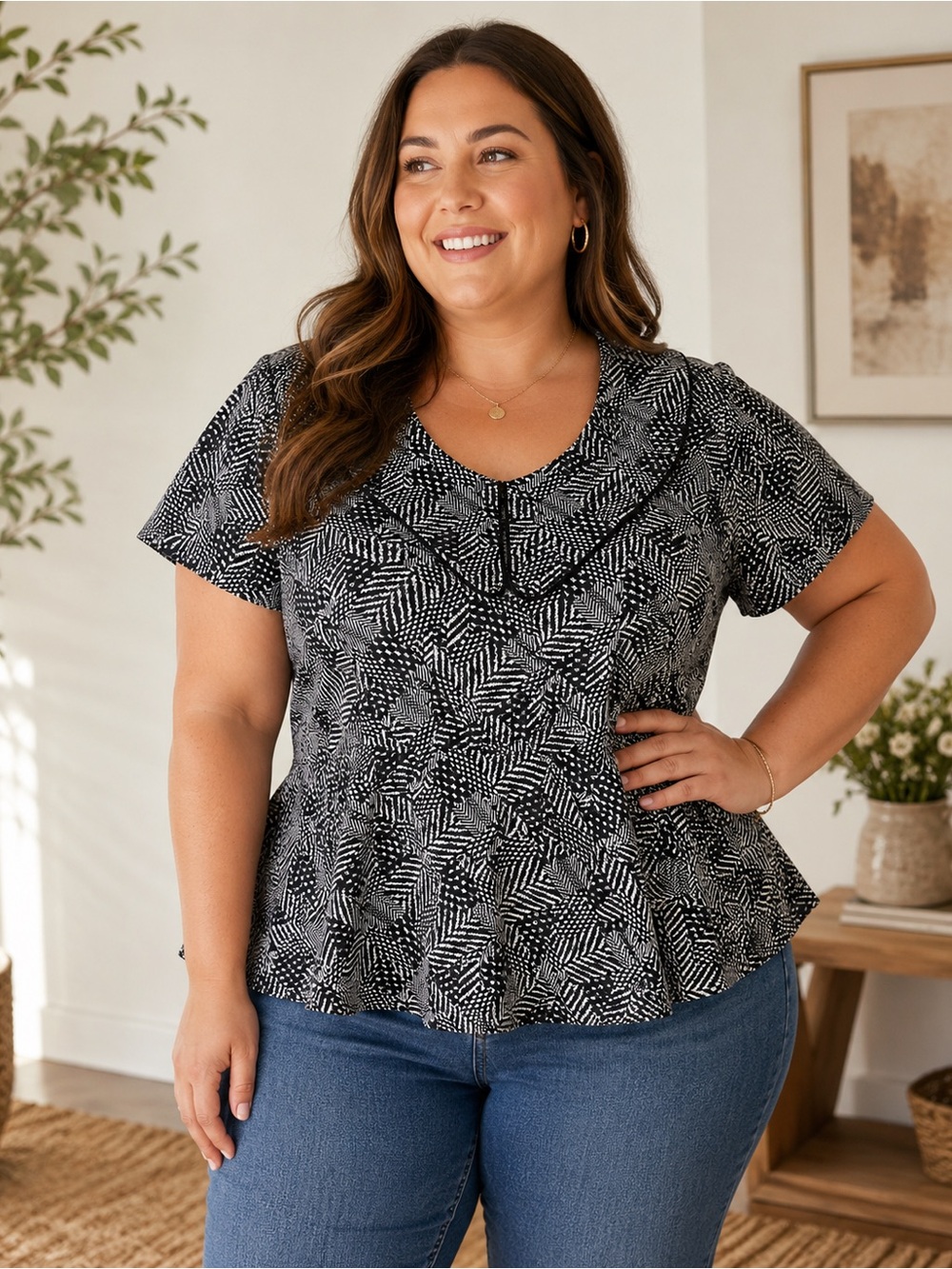 Audimas Black White Geometric Peplum Top Plus Size 18 Stretch Collar